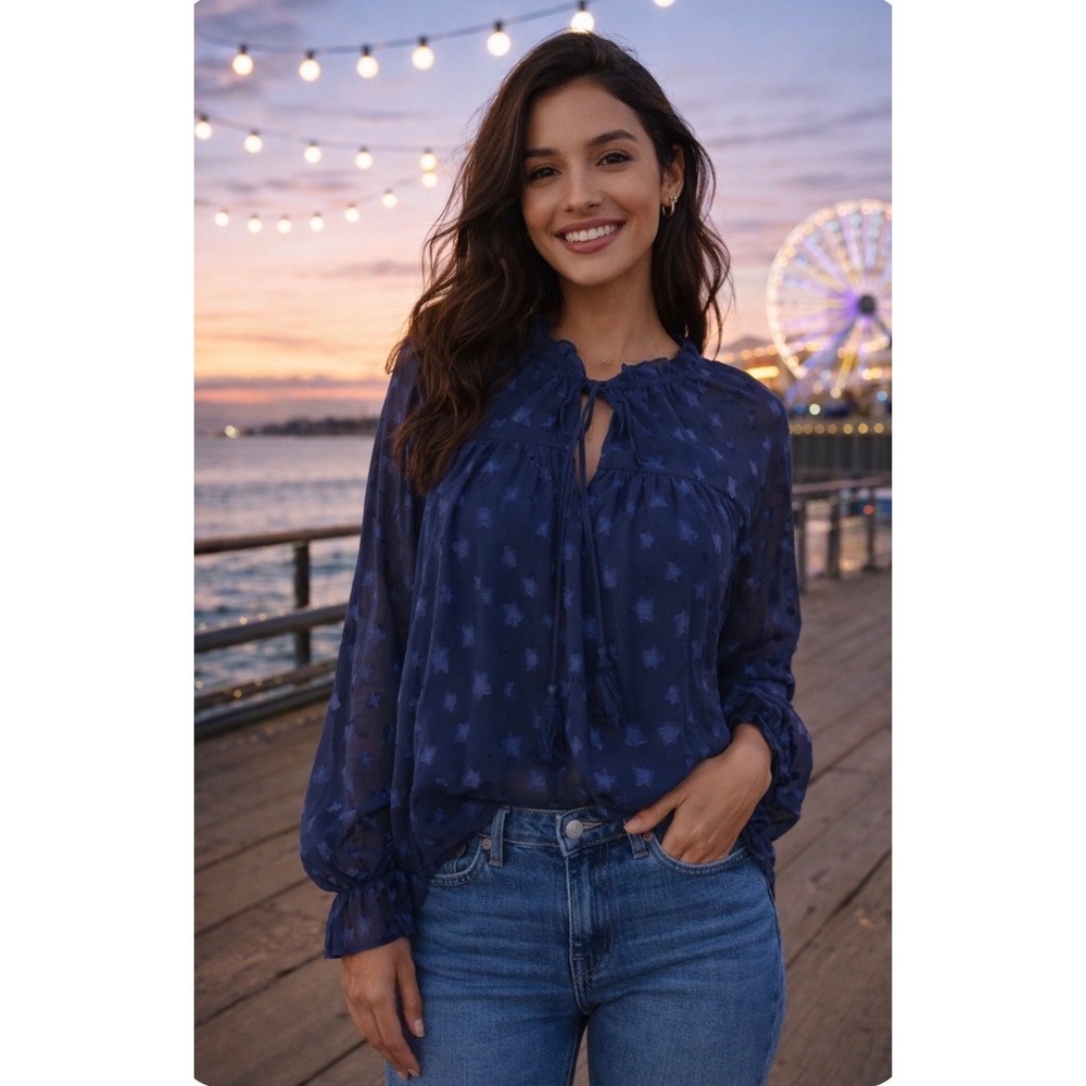 Babydoll Navy Blue Star Textured Ruffle Neck Tie Blouse Women's Size M En Merci